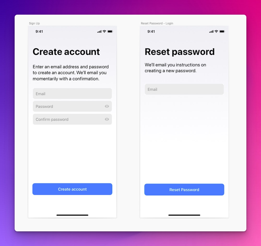 Account creation and password reset layout